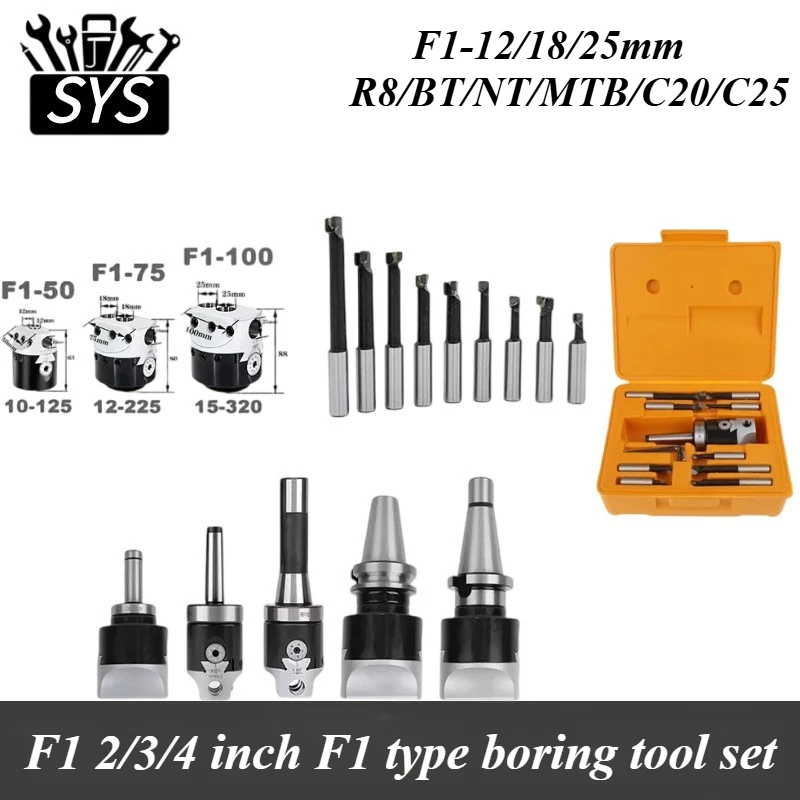 A Set MT2 MT3 MT4 C20 C25 BT30 BT40 NT30 NT40 R8 M10 M12 M16 + F1 2 Inch 50 Boring Head 12mm Boring Bar for Milling Machine Tool