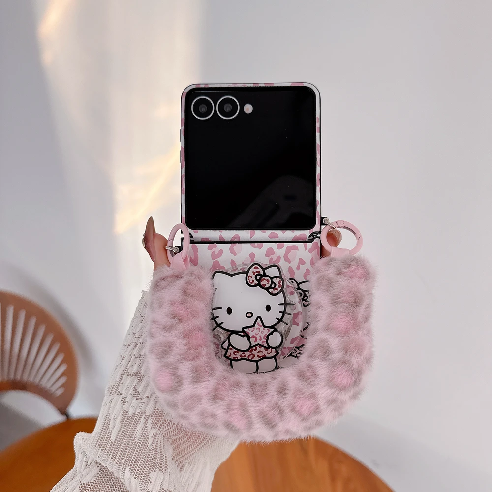 

Leopard print Magnetic Grip Holder Magsafe Wireless Charge Sanrio Hello Kitty Phone Case For Samsung Galaxy Z Flip 7 6 5 Cover
