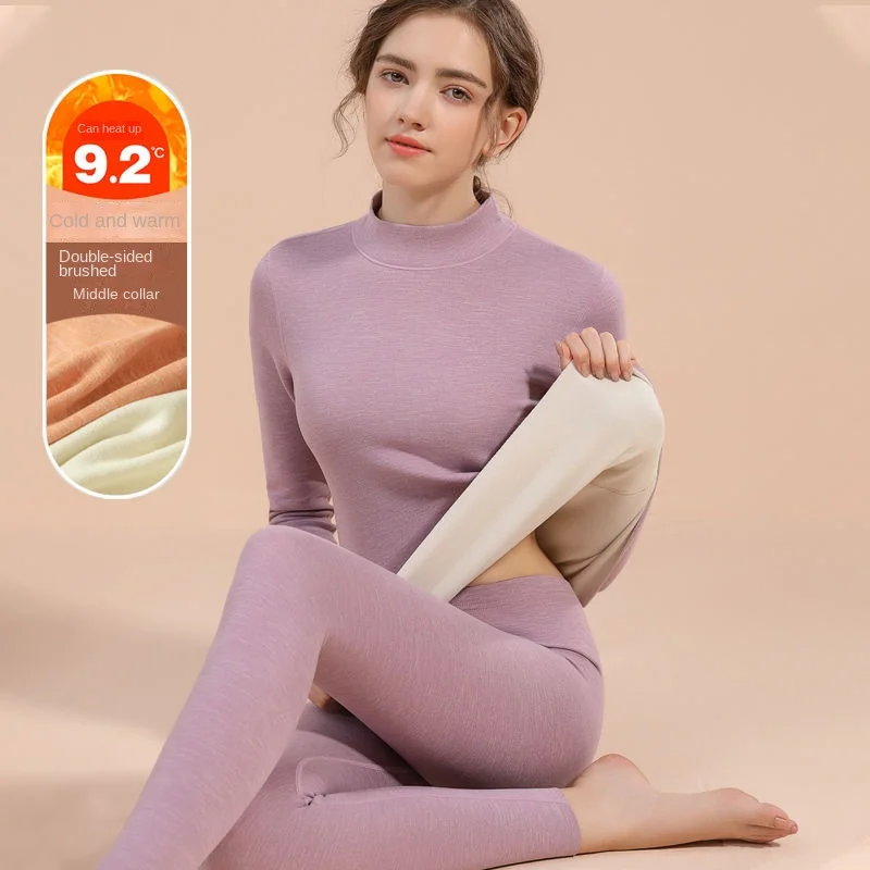 Winter Women's Thermal Underwear Set Mid-high Collar Fleece Long Sleeve Top Pants Leggings Close-fitting 2 Piece Warm Suit