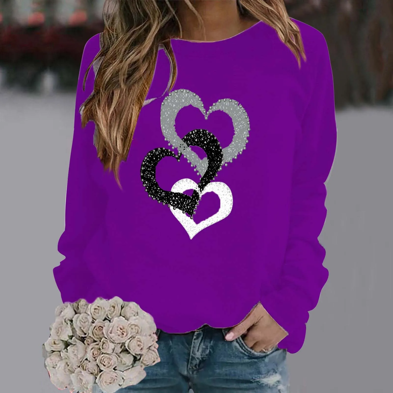 Valentine\'s Day Pullovers Women\'s Round Neck Casual Love Heart Printed Tops Leisure Sweaters Long Sleeve Outdoor Hoodies Clothes