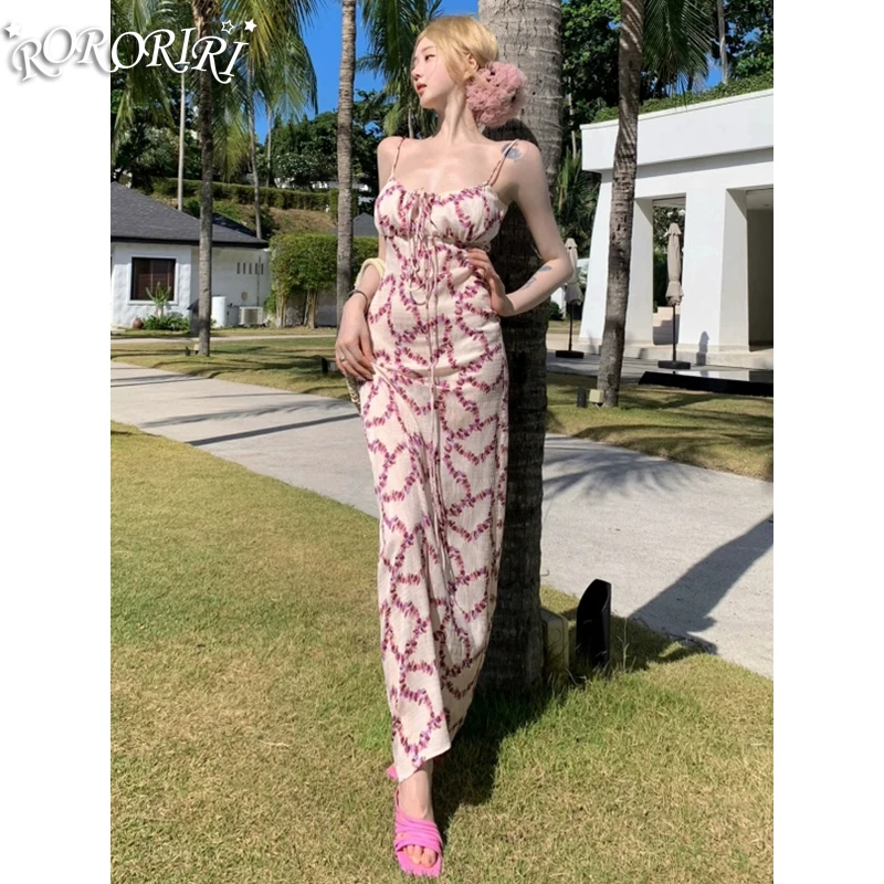 

RORORIRI Bandage Desire Floral Long Dress Women Printing Sleeveless Slim Pleated Corset Camisole One-piece Beach Holiday Clothes