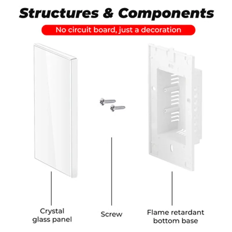 American standard white blank plate tempered crystal glass switch panel with installation iron plate to block the white board