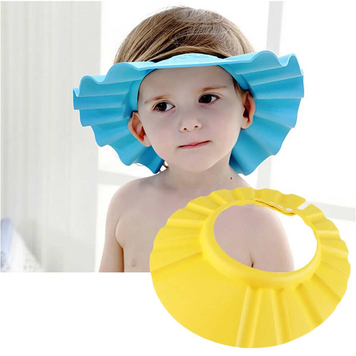 Waterproof Adjustable Baby Shower Hat Yellow Eva Durable Elastic Snap Buttons Ultra-Light Baby Bath Shampoo Protector