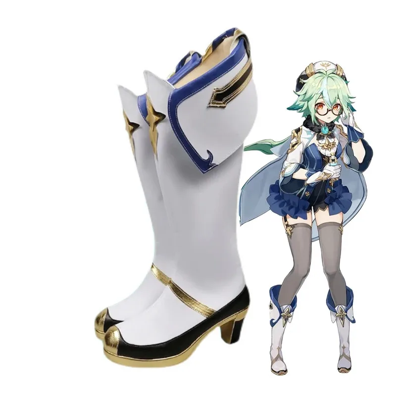 Gioco Genshin Impact Saccarosio Stivali Cosplay Stivali lunghi Scarpe Stivali da donna/uomo Halloween per ragazza Ragazzo Scarpe da carattere in PU