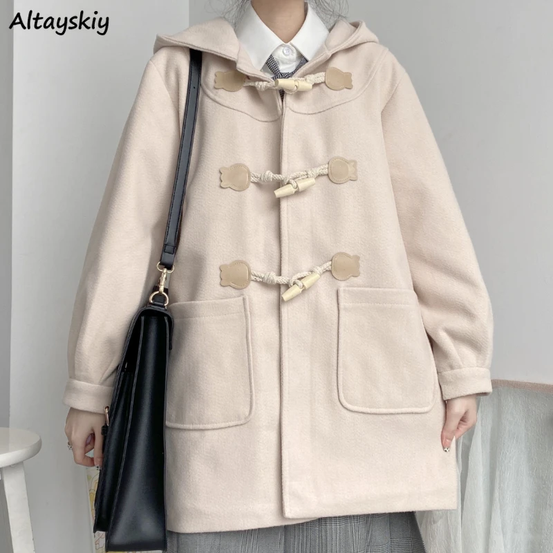 

Japanese Preppy Style Blends Women Kawaii Button Schoolgirls Hooded Coats Y2k Autumn Winter Fashion Baggy All-match Retro Chic