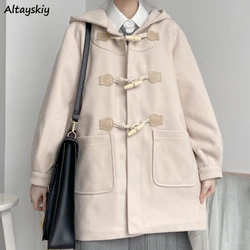 Japanese Preppy Style Blends Women Kawaii Button Schoolgirls Hooded Coats Y2k Autumn Winter Fashion Baggy All-match Retro Chic