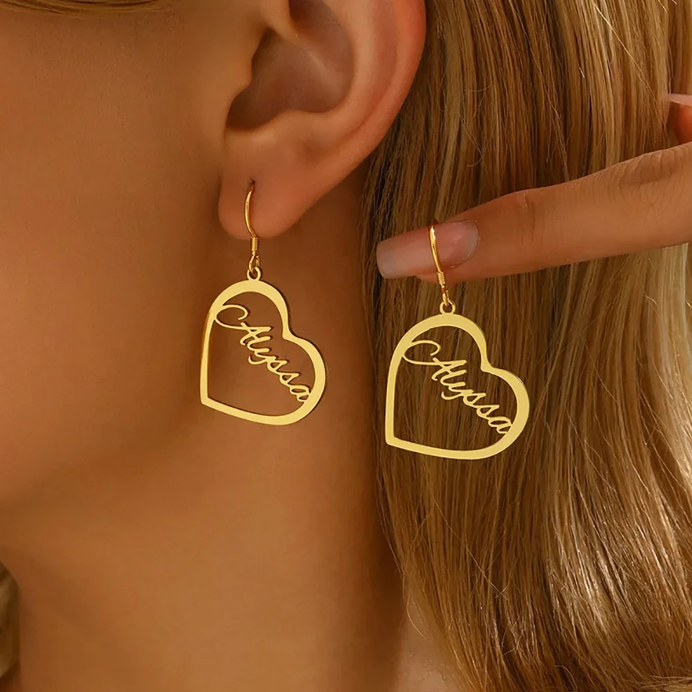 

Custom Name Heart Earrings For Women Personalized Gold Stainless Steel Minimalist Hollow Stud Earrings Valentine's Day Gifts