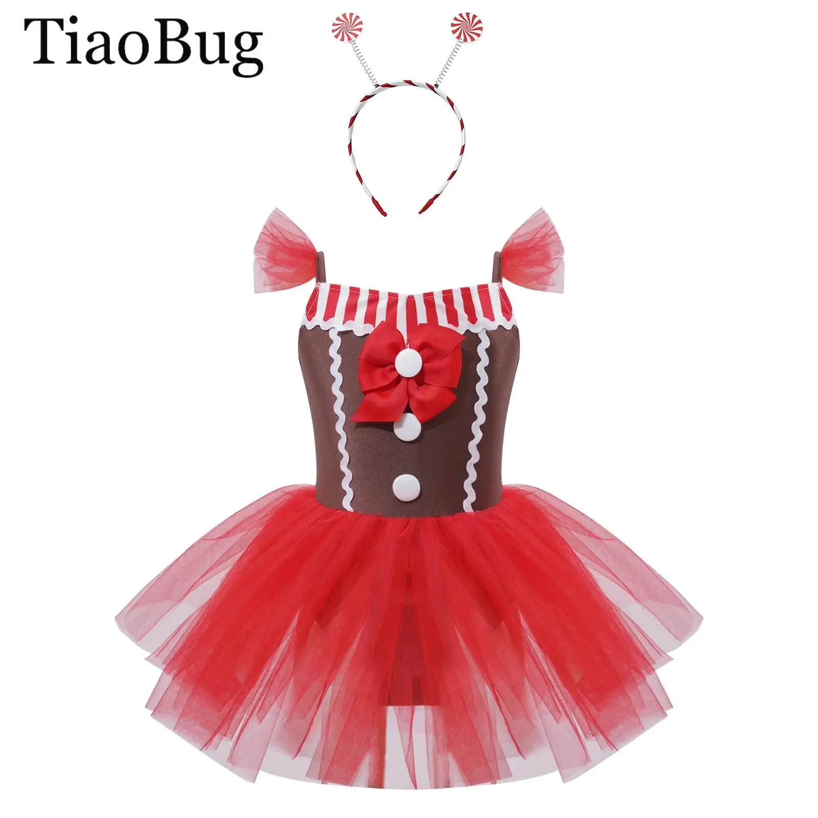

Girls Christmas Gingerbread Man Costume Candy Cane Stripe Bowknot Ballet Tutu Leotard Sleeveless Santa Claus Skating Dancewear