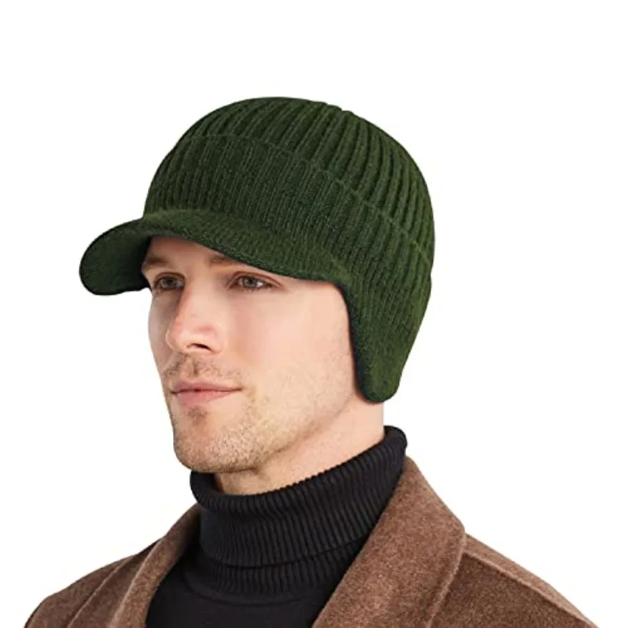 

Men's Winter Hat with Brim Warm Earflaps Hat for Men Thick Fleece Lined Knit Winter Beanie Outdoor