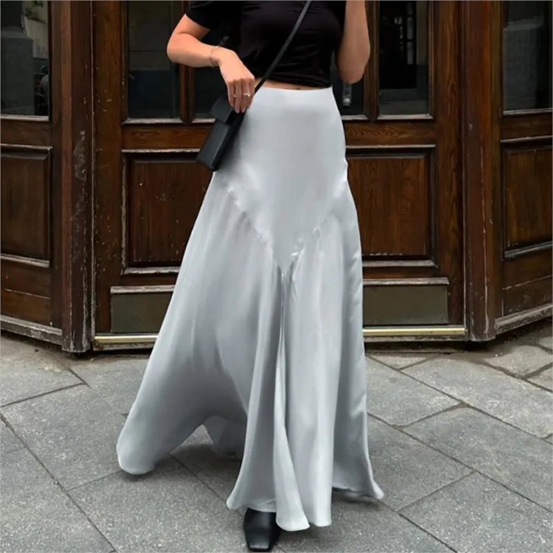 Grey Satin A-line Skirt 2024 Autumn Elegant Slit High-waisted Color Ding Long Skirt Senior Sense Women's Wear