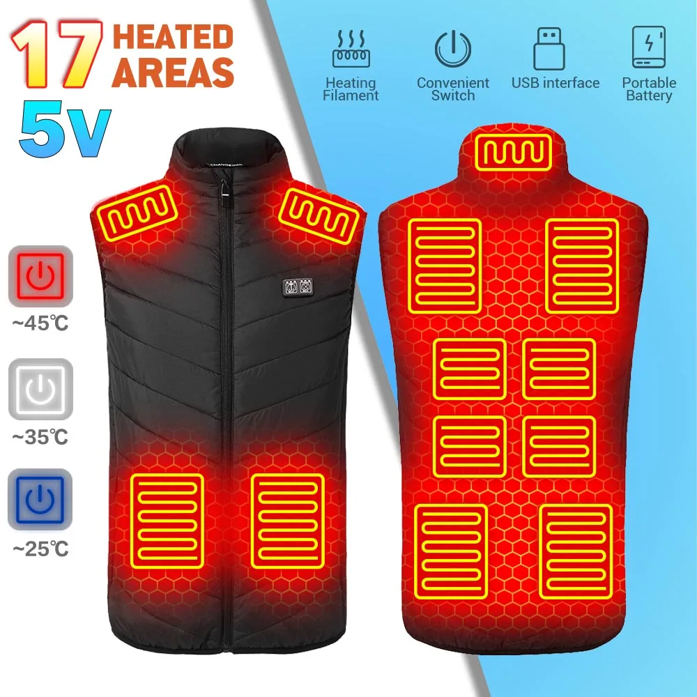 Men Winter Electric Heated Vest Waistcoat For Sports Hiking Oversized Men USB Infrared 17 Heating Areas Vest Thermal Jacket