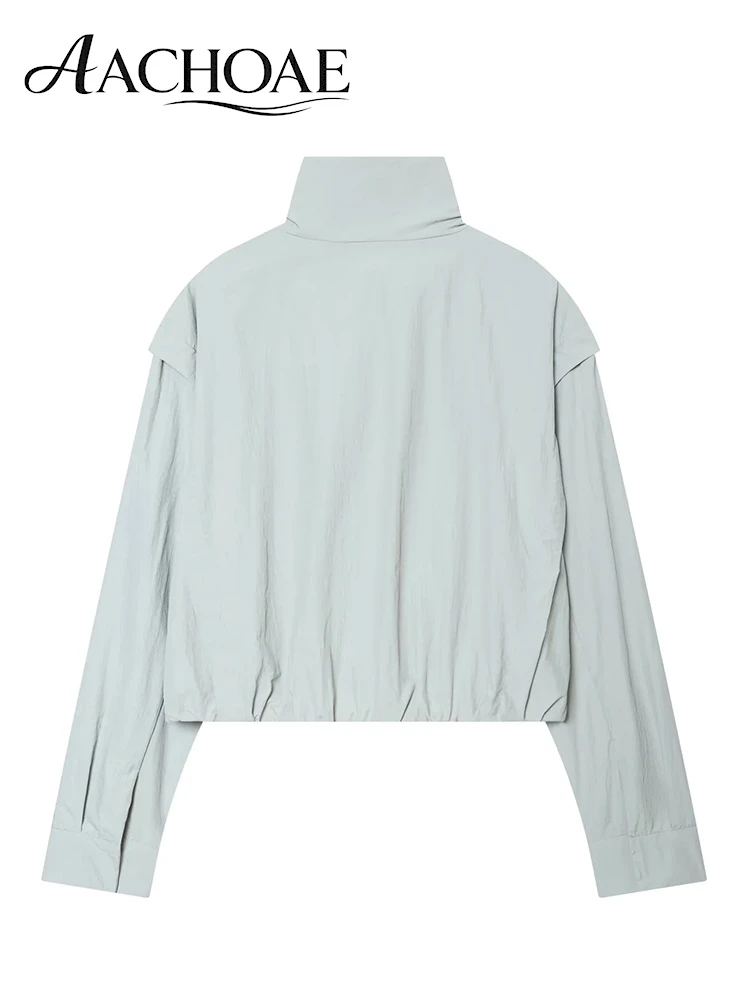 AACHOAE Women Cropped Stand Collar Jacket Lightweight Windbreaker Long Sleeve Minimalist Casual Outerwear Short Jacket