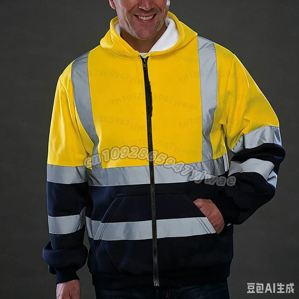 26 Herren-Kapuzenpullover mit reflektierenden Streifen, langärmelig, figurbetont, mit Reißverschluss, Kapuze, für Sanitärarbeiter, Arbeitskleidung, Sweatshirt – Detail 10