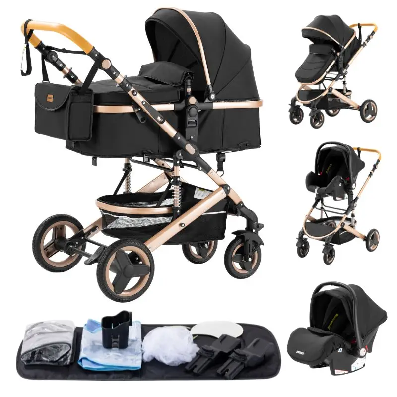 3-in-1 Babywandelwagen met autostoeltje en slaapmandje, lichtgewicht kinderwagen, multifunctionele babybuggy, compacte vouwwagen