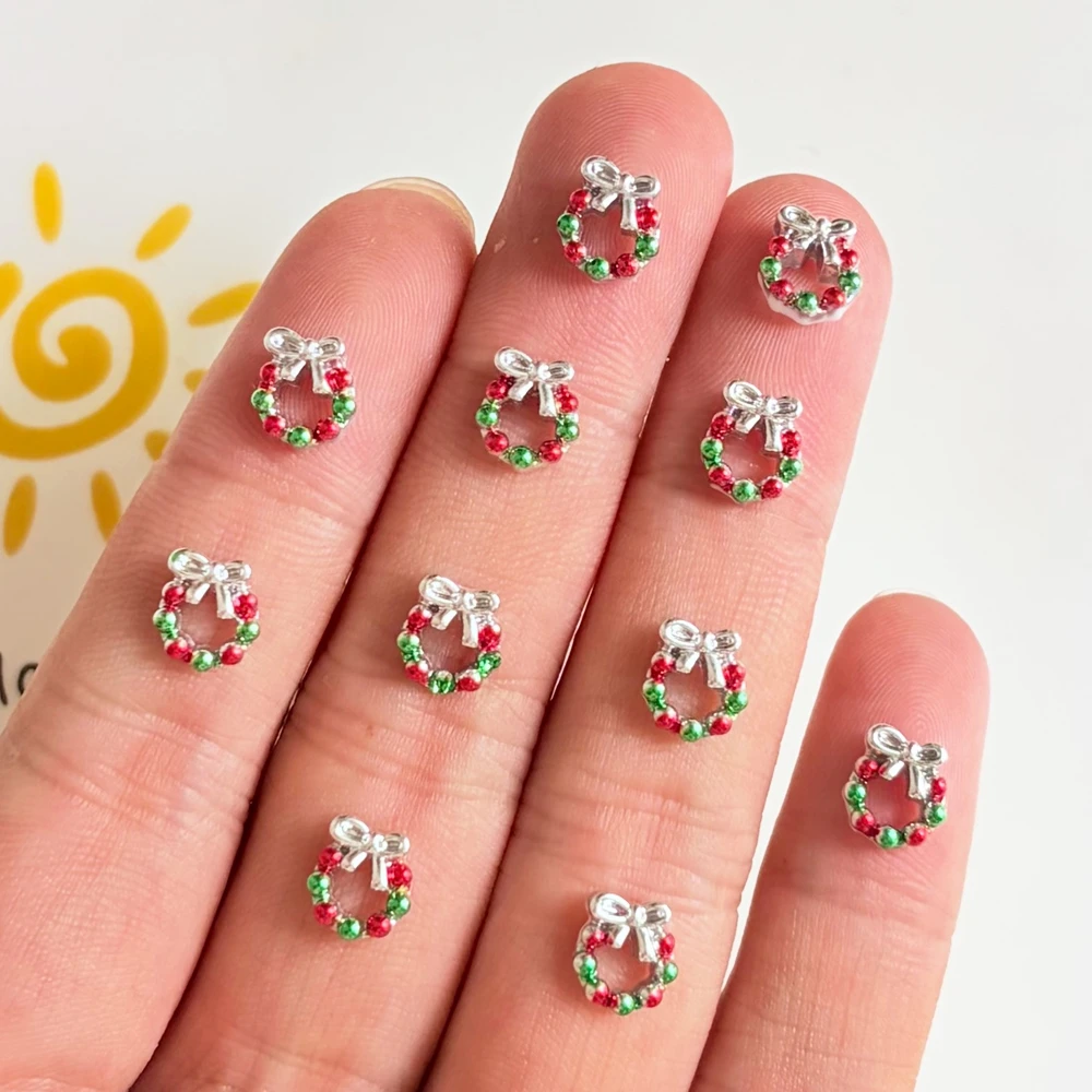 105Pcs Christmas Wreath Metal Nail Charms Mini Bow Wreath Rhinestones Stud 3D Nail Art Decorations DIY Manicure Accessories A156
