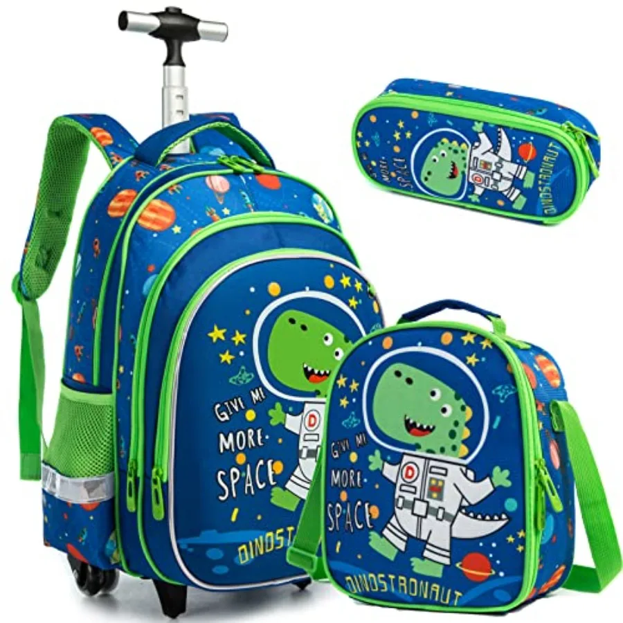 

School Bags Rolling Dinosaur Backpack With Wheels Trolley - 3PCS Boys Cat Backpack With Lunch Box Blue
