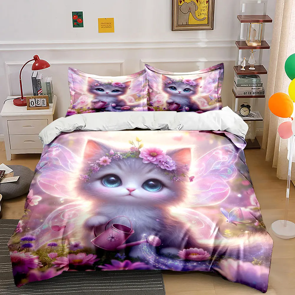 Fairy cat with flowers, dreamy scene Printed Duvet Cover Set1 Duvet Cover+2 PillowcaseMulti Size Bedroom Bedding Decor