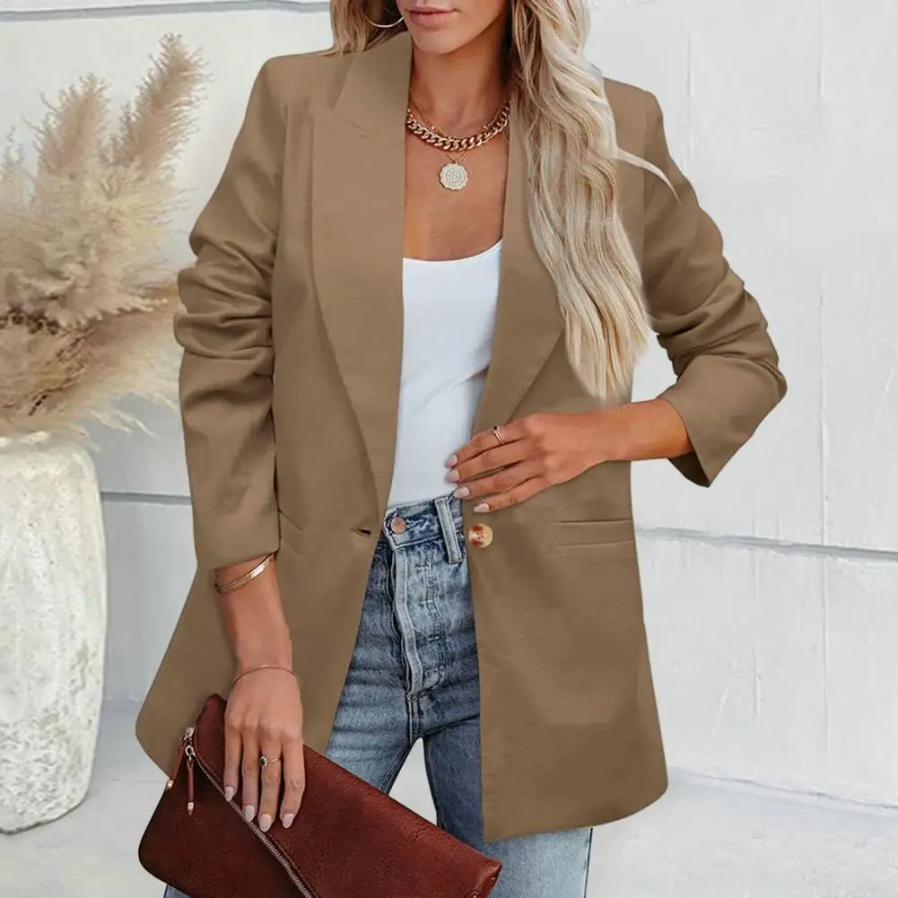 Women Coat Single Button Solid Color Lapel Long Sleeve Pocket Slim Fit Cardigan Formal OL Style Anti-wrinkle Suit Jacket