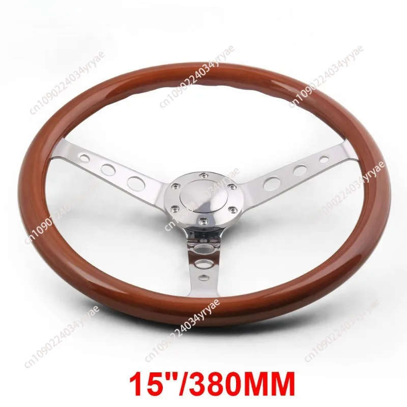 Car modification 15-inch 380MM solid wood steering wheel 6-hole mahogany retro steering wheel, electroplated bracket