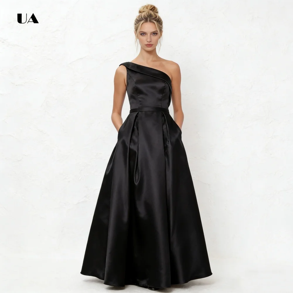 ULBYANRY 비대칭 접이식 칼라가 있는 민소매 A라인 댄스 파티 드레스, 솔리드 새틴 이브닝 드레스, 심플한 맞춤형 파티 드레스