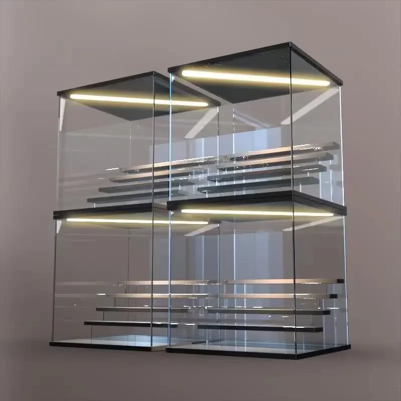 Clear Acrylic Display Cabinet with LED Lights for Action Figure, Dustproof Storage with Step and Door for Toys and Car Model