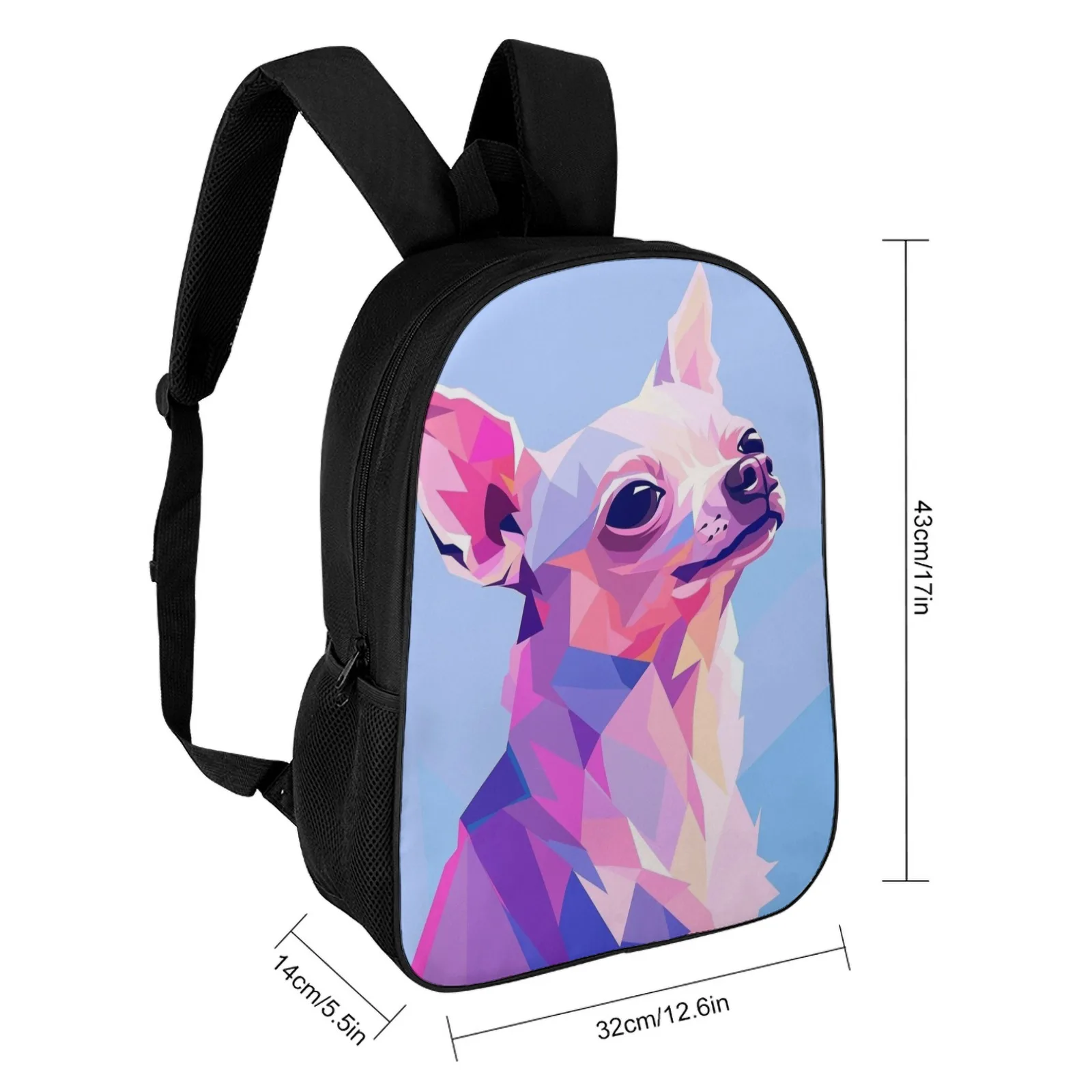 Borsa per libri stampata con faccia geometrica di Chihuahua Borsa per asilo Borsa per zaino da scuola per ragazze da 17 pollici