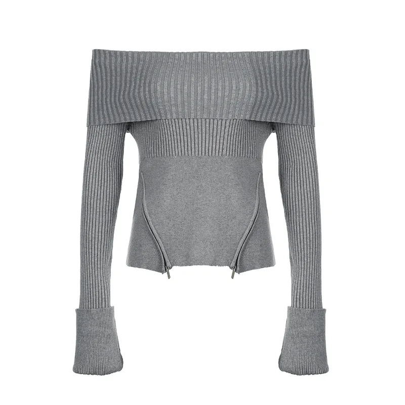 

Slash Neck Off Shoulder Zip Hem Gray Solid Color Long Sleeved Versatile Sweater 2025 Autumn