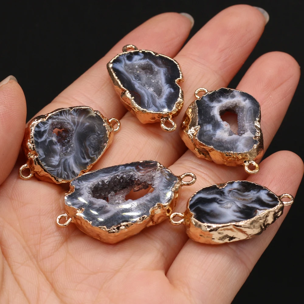 Natural Stone Gem Black Agate Gilt Edge Silver  Connector Handmade Crafts DIY Necklace Bracelet Jewelry Making Accessory Gift