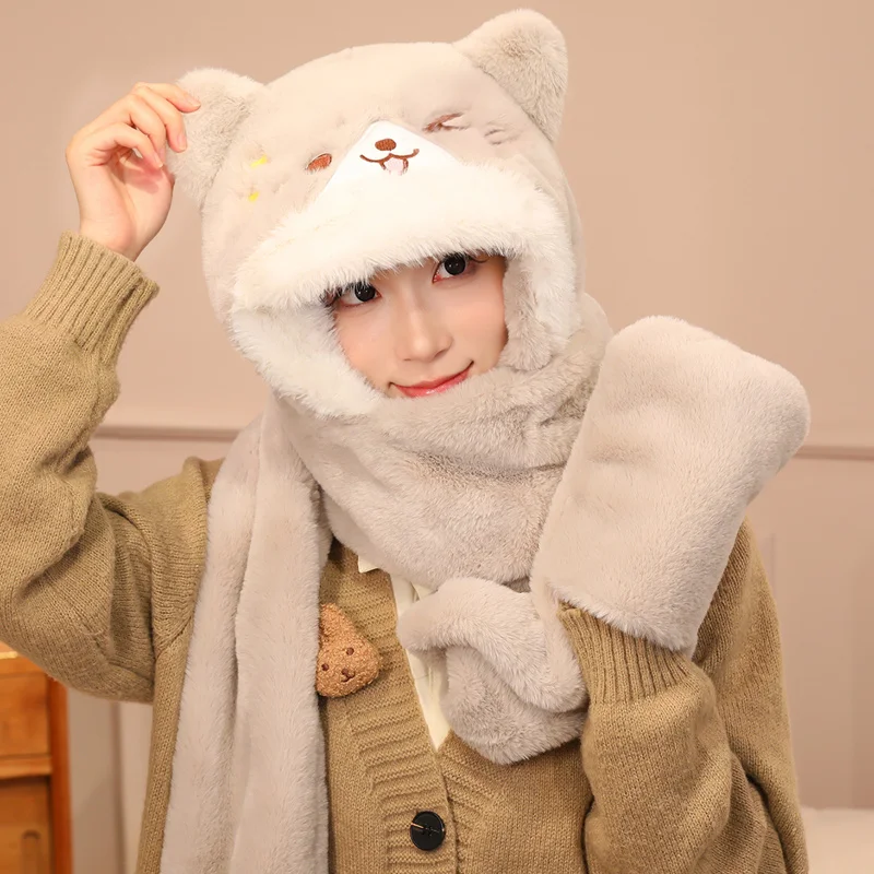 ชุดหมวก ผ้าพันคอ ถุงมือ 3-in-1 สำหรับผู้หญิง ผ้าพลัฌขนสัตว์สำหรับฤดูหนาว ผ้าคลุมศีรษะแบบมีฮู้ดสำหรับสุนัขและแมว ผ้าพันคอขนฟู อุปกรณ์เสริมสำหรับกันหนาว เหมาะสำหรับเล่นสกีและสโนว์บอร์ด