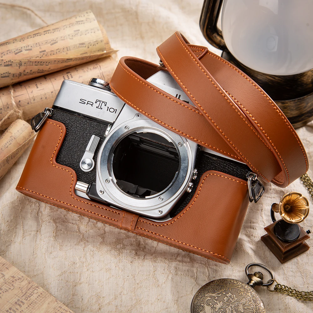 กล้องหนังแท้ครึ่งสําหรับ Minolta SRT-101 กรณี SRT-101 กระเป๋าหนังกระเป๋ากล้องป้องกันกรณีอุปกรณ์เสริมการถ่ายภาพ