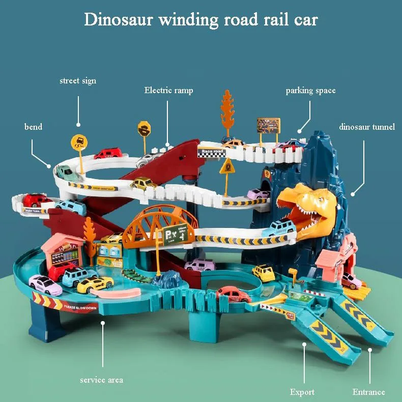 Juguete de pista de montaña en espiral de dinosaurio para niños, construcción de estacionamiento de aventura, coche de carreras eléctrico, juguetes educativos, regalo para niños