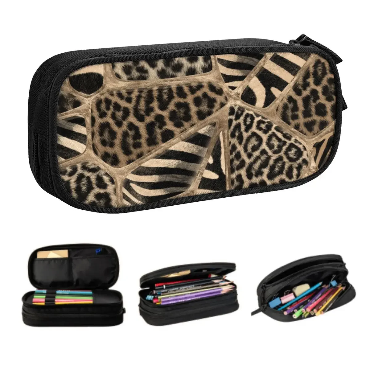Custom Leopard And Geometric Ornaments Pencil Case for Animal Leather Texture Large Storage Pen Bag Box Stationery
