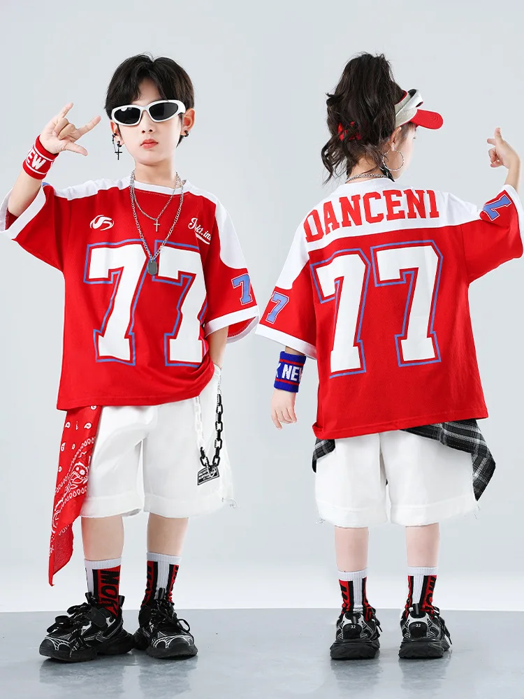 

Kid Kpop Hip Hop Clothing Red Letters T Shirt Top White Casual Street Summer Shorts for Girl Boy Jazz Dance Wear Costume Clothes