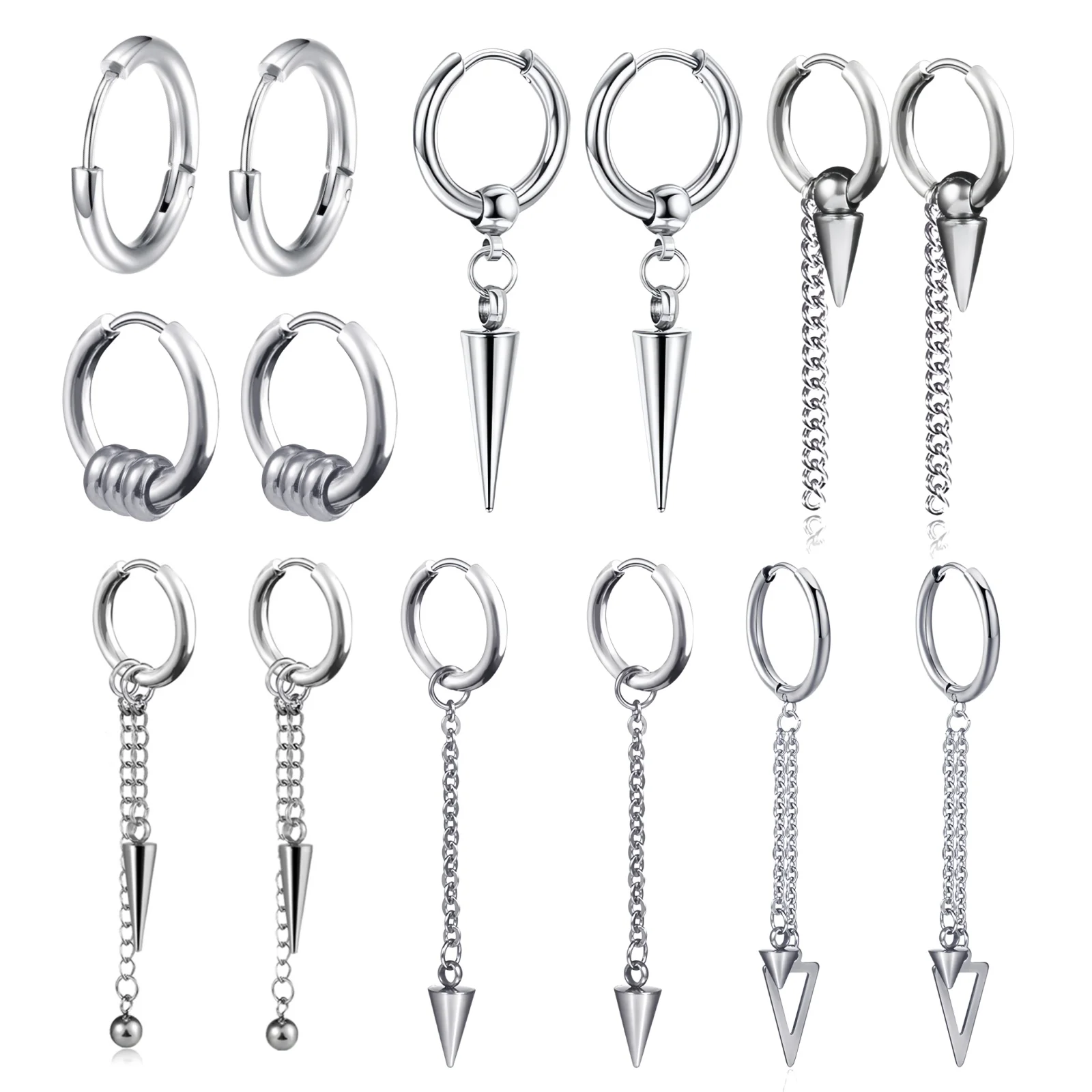 1 Paar lange Kette Spike Punk Edelstahl Runde Kreis Creolen für Mann Frau Teenager Geschenk Schmuck Y2k Accessoires Trend