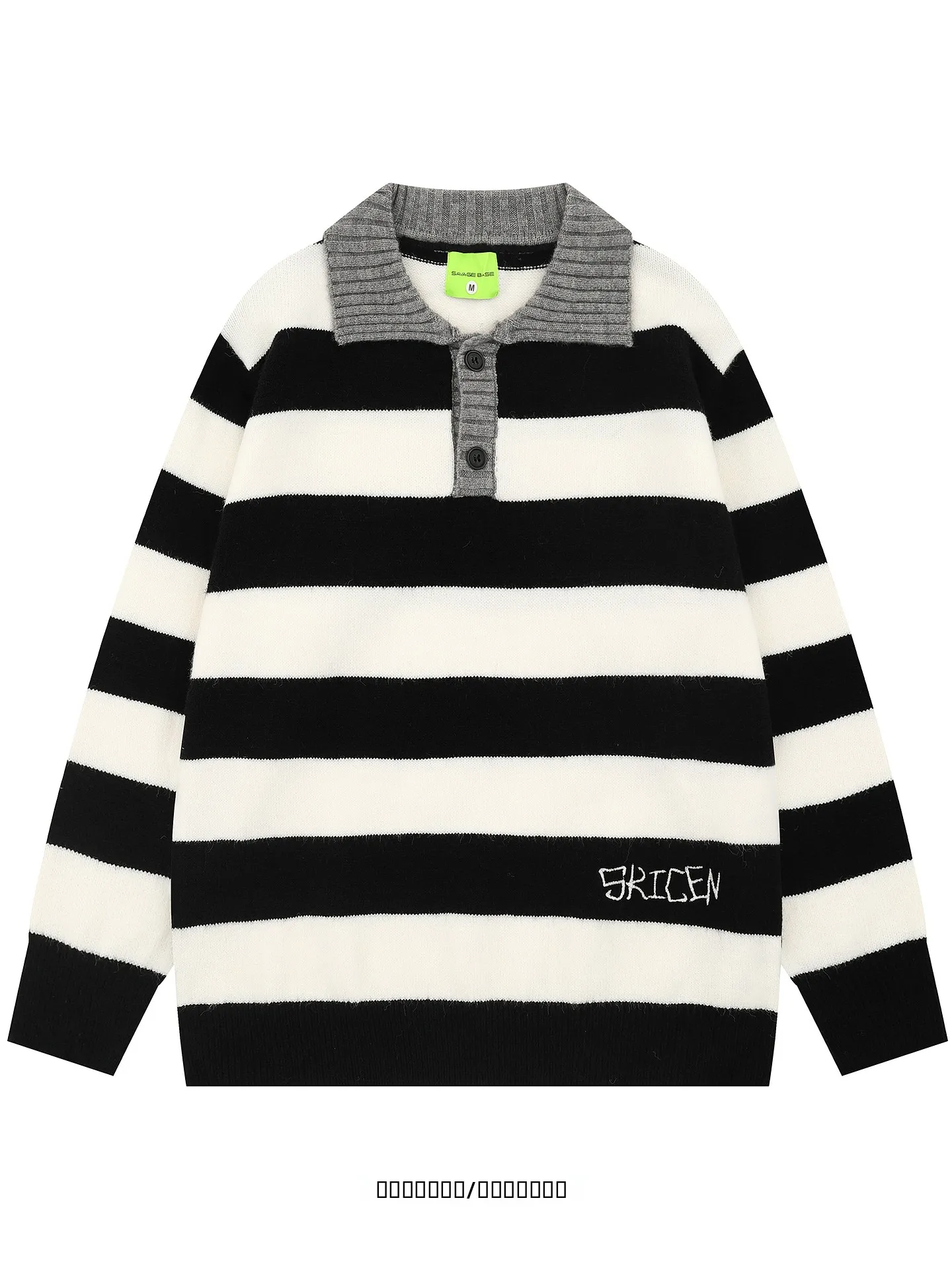 

Loose Knitted Sweater Chic Stripe Print Collar Design Color Blo Casual Long Sve Thermal Top for Men And Women