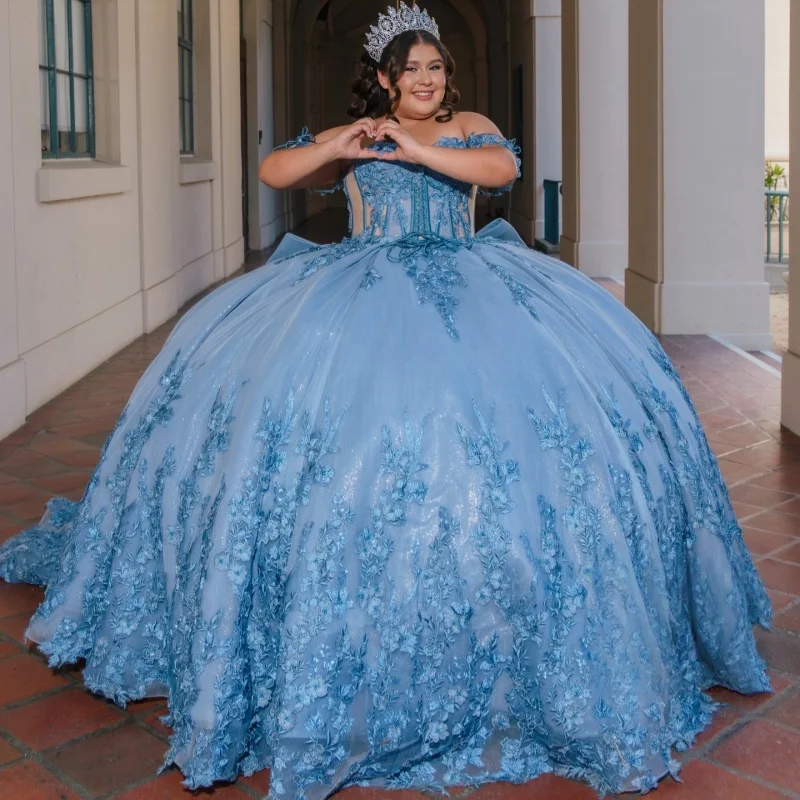 

Blue Quinceanera Dresses Off the Shoulder Glitter Decal Lace 3D Flower Long tail Bow Vestido De 15 Quinceanera Customize