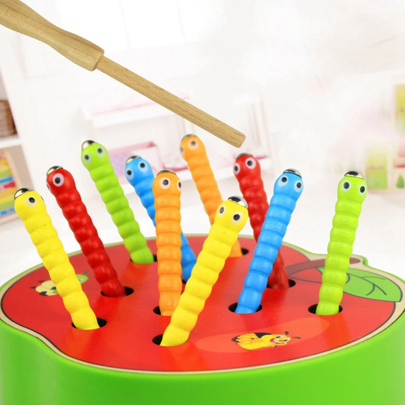 X18A-Baby Toys Giocattoli educativi in legno per la prima infanzia Cattura magnetica Gioco di vermi Colore cognitivo