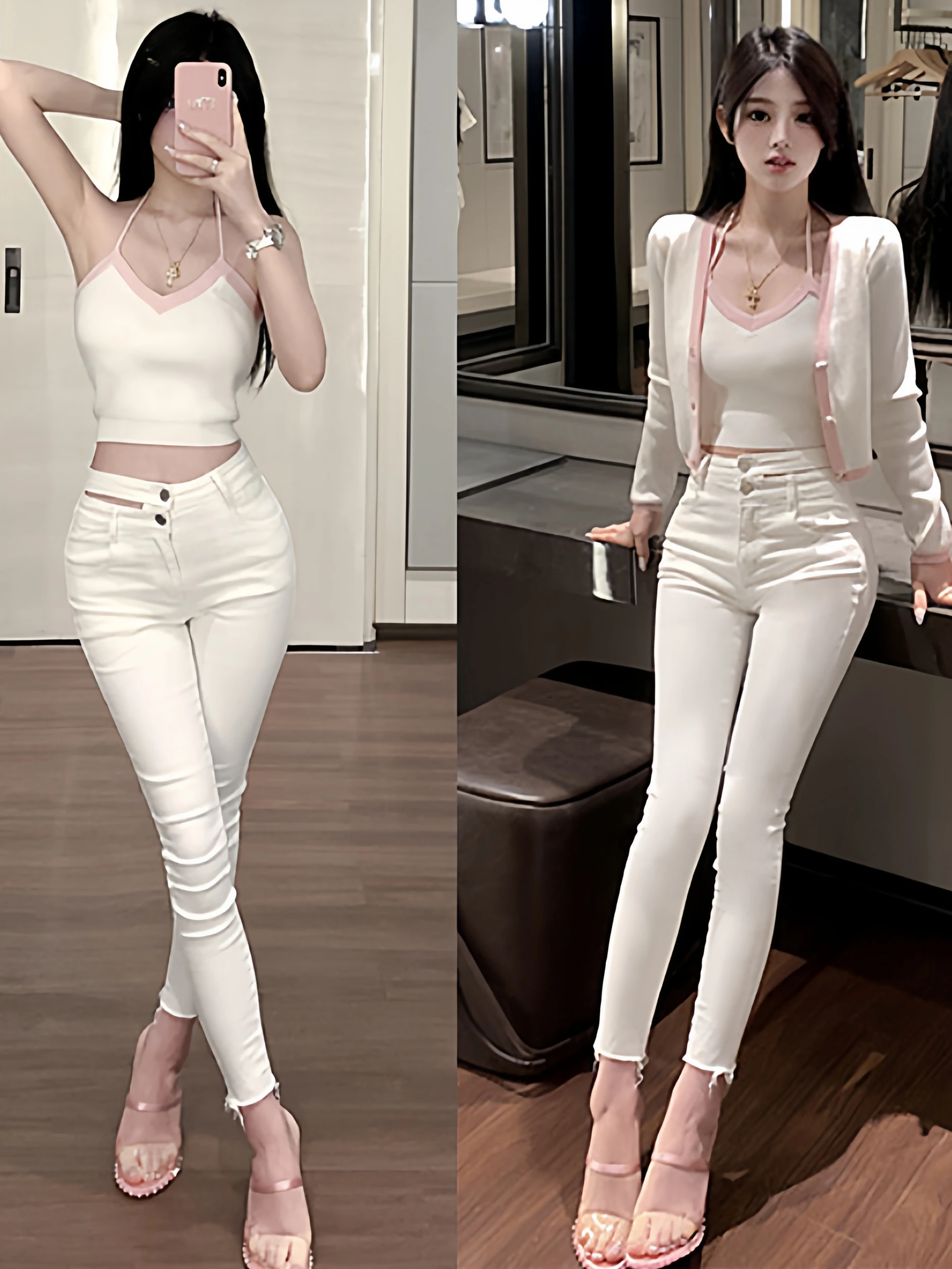 

Comfortable Women's Faion Sexy Hollow out Slim Fit Jeans Double Waist Design Lengthening Legs Effect Dongda Gate Sle
