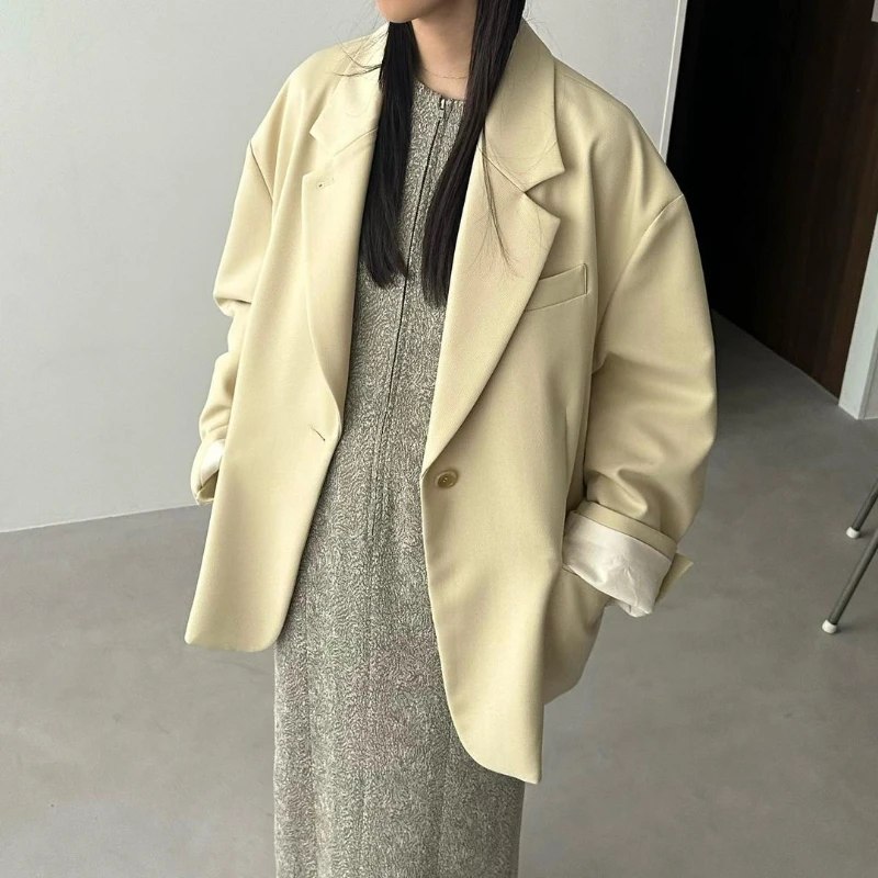 Japan Style Simple Loose Casual Blazers Women Chic Single Button Notched Collar Fashion Jackets 2024 Fall Winter All-match Coat