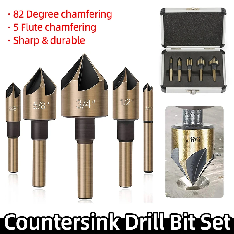 HSS 82 Degree 5 Flute Countersink Drill Bit Chamfer Taper Hole Cutter Countersunk Deburring Bit Chamfering Woodworking Tool