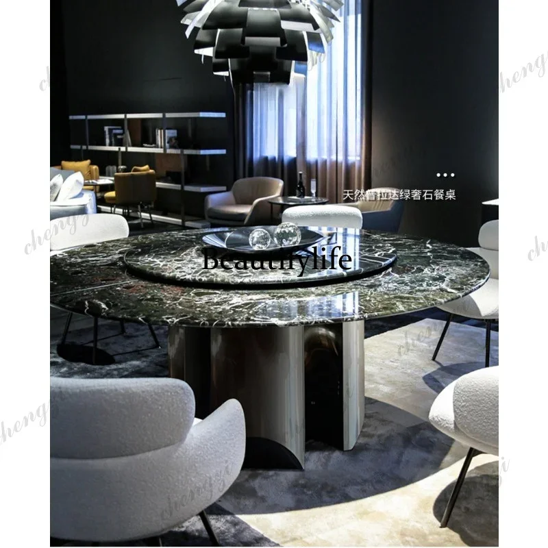 CC  Natural marble round table Italian light luxury high-end with turntable round flower green luxury stone dining table