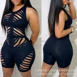 Plain Cutout Sleeveless Skinny Romper Women Hollow Out High Waist Spring Summer Playsuit Shorts Pants Sexy