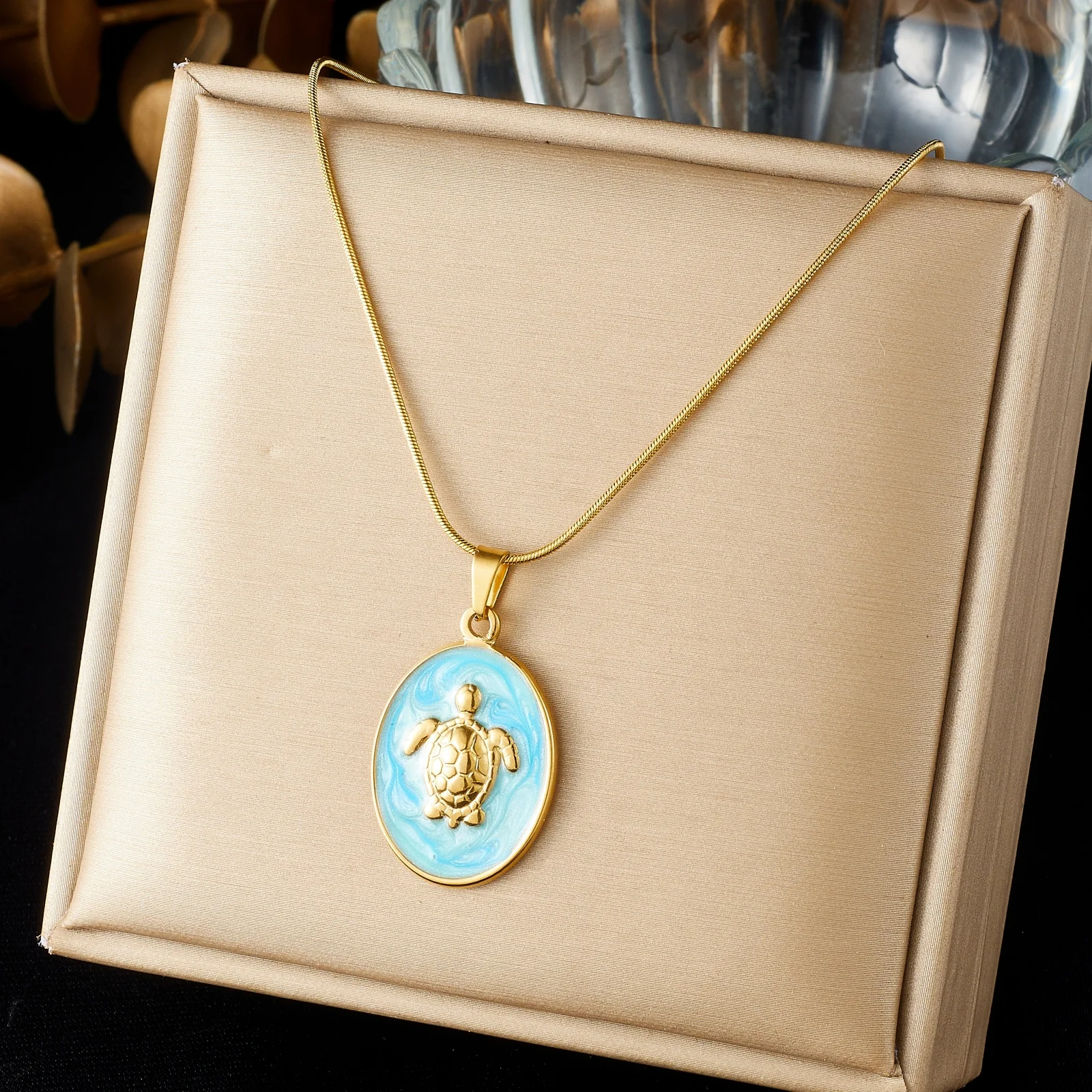 DIEYURO 316L Stainless Steel Blue Enamel Oval Inlay Sea Turtles Ocean Pendant Necklace Women Vacation Neck Chain Jewelry Gift view 6