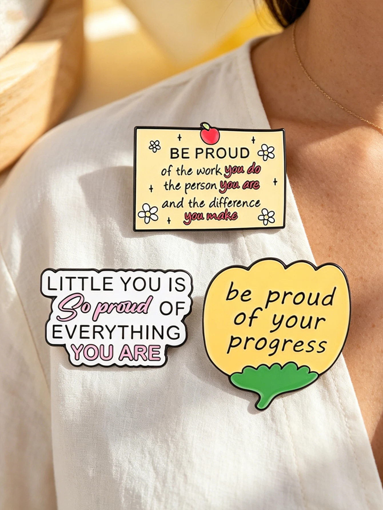 3 pièces pour célébrer vos progrès, épingles en métal, motifs floraux de style dessin animé, broches d'affirmation positive, badges de col, accessoires décoratifs, bijoux de soins personnels, excellentes options de cadeaux