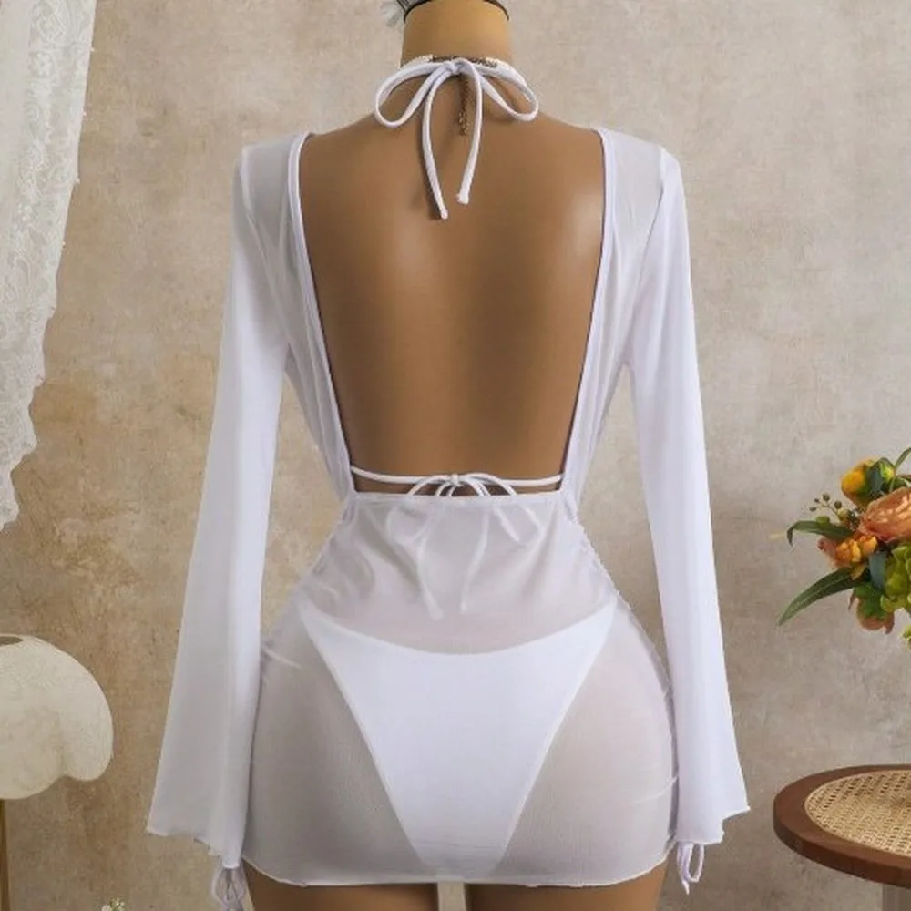 Women's Sexy Mesh Backless Two Piece Swimsuit Set Summer Beach Vacation See-Through Hollow Out Bikini Tankini Swimsuits Women Br