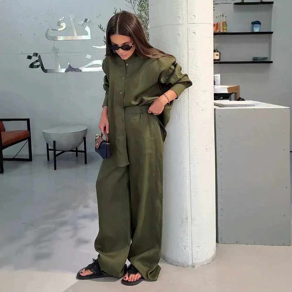 Women Casual 2 Piece Outfits Summer Solid Loose Blouse Wide Leg Pants Sets Matching Tracksuit