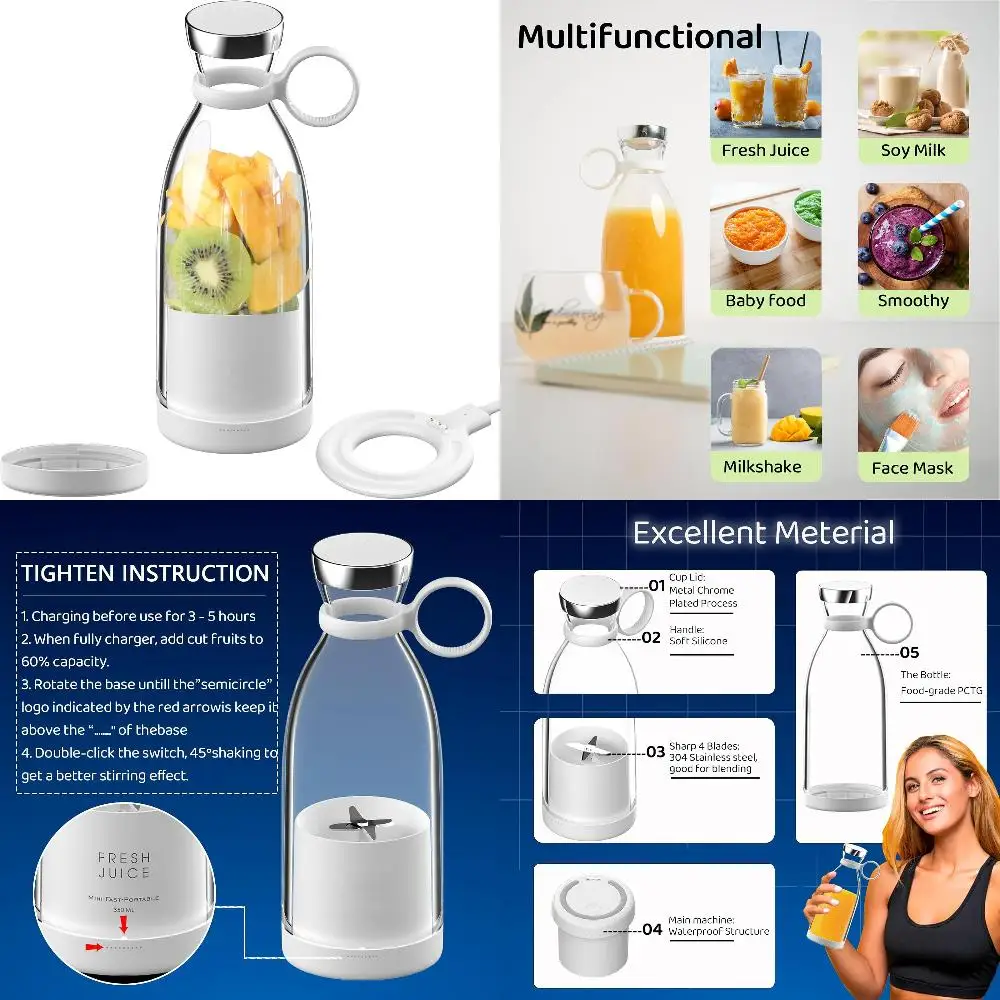 

Compact Rechargeable Mini White Blender with Convenient Portable Design for On-The-Go Smoothies and Shakes - Features 4 Sharp St