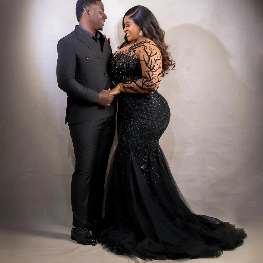 Luxury Aso Ebi Stylished Black Lace Evening Dresses See Thru Full Sleeves Mermaid African Party Prom Gowns