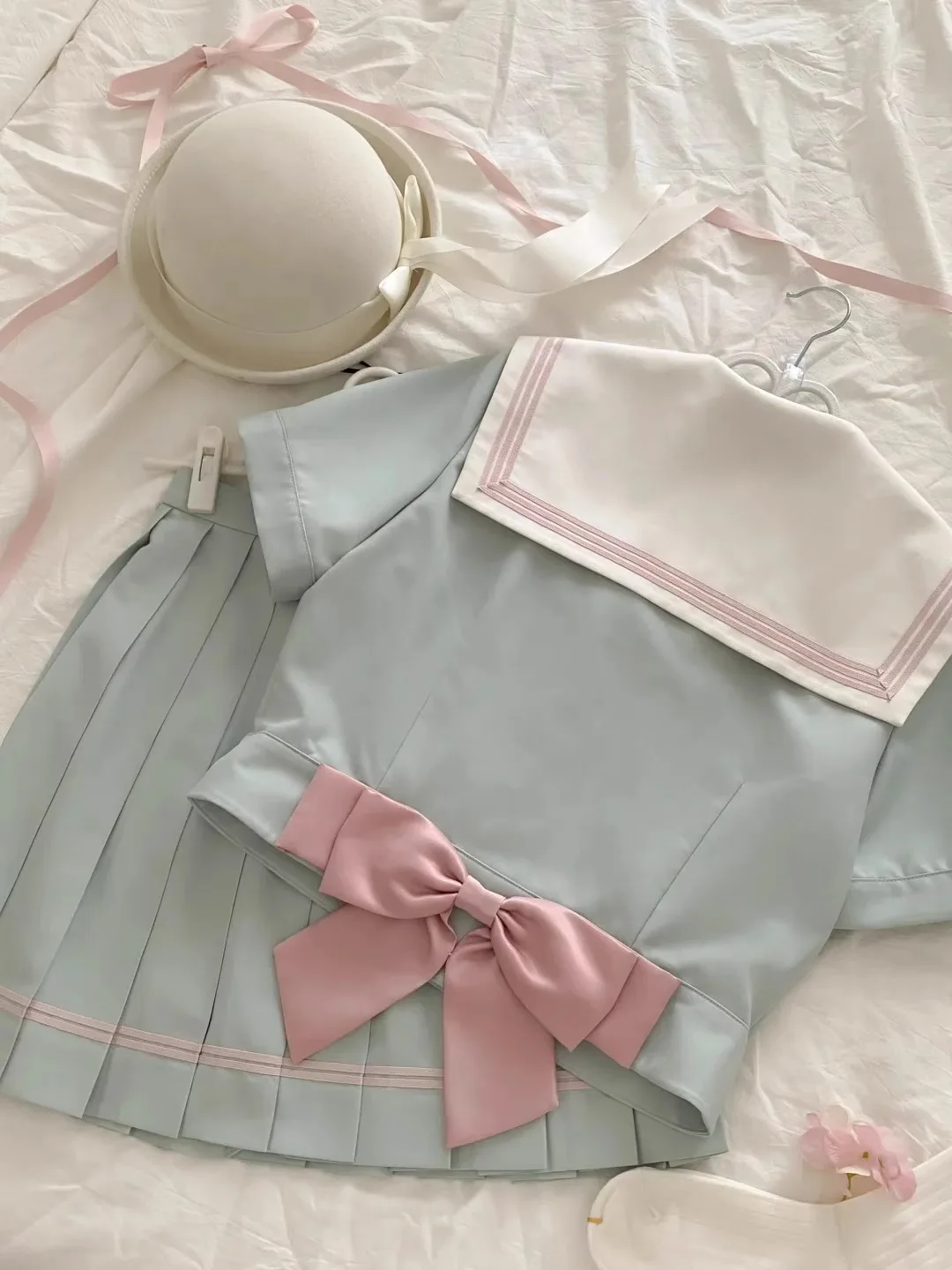 2025 Summer New Blue Sailor Suit Slim JK Uniform Suit Japanese High Waist Lapel Bow College Style Short-sleeved Skirt