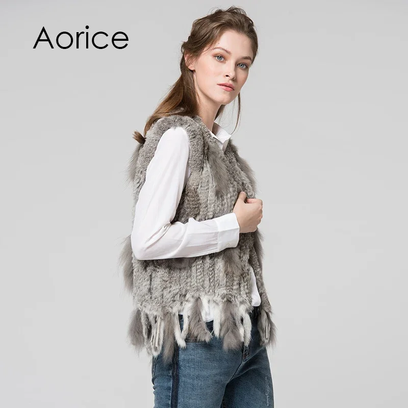 Women Knitted Handmade Real Rabbit Fur Vest Gilet Sleeveless Garment Waistcoat Female Natural Fur Coat Jacket VR031